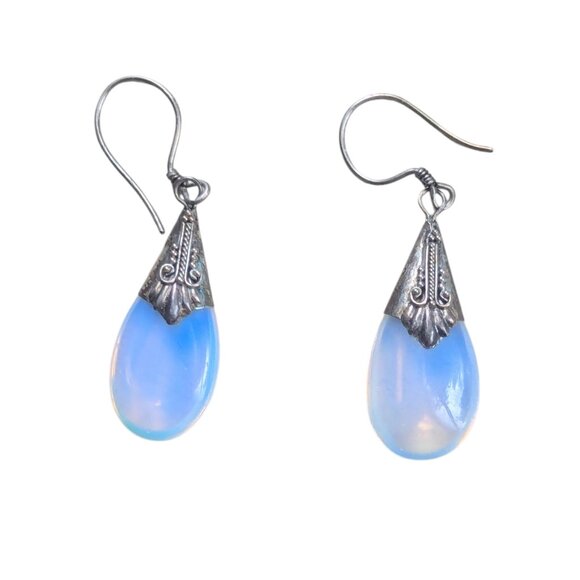 Moonstone Silver Teardrop Earrings Dangle Filigree Boho Art Deco Victorian Fairy - Picture 1 of 5